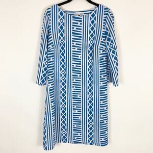 Rulon Reed Dress Small Boatneck 3/4 Sleeve Blue White Geometric 70s Mod Shift